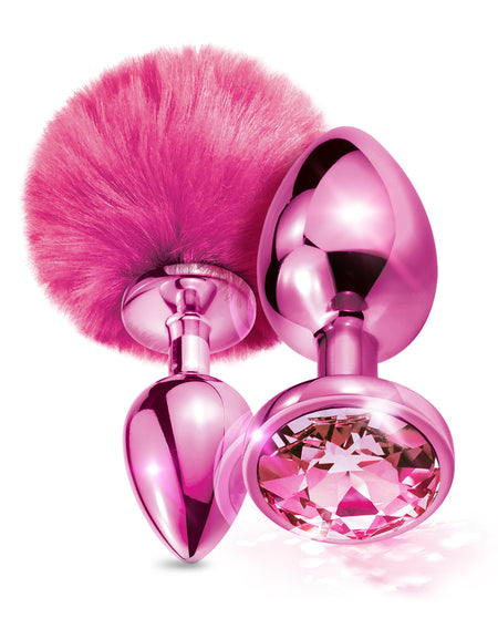 NIXIE Metal Butt Plug Set, Pom Pom and Jewel Inlaid, Pink Metallic - THES