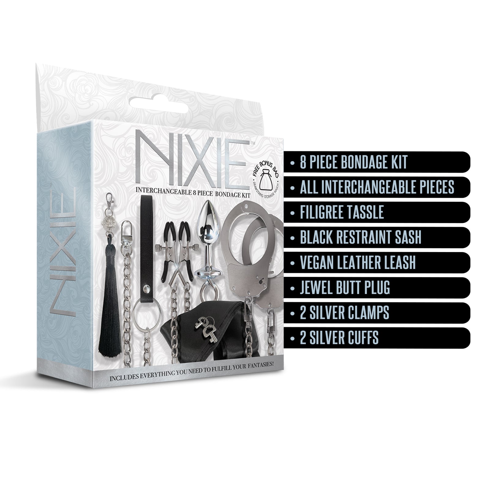 NIXIE Interchangeable 8 Piece Bondage Kit, Silver - THES
