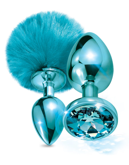 NIXIE Metal Butt Plug Set, Pom Pom and Jewel Inlaid, Blue Metallic - THES