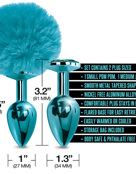NIXIE Metal Butt Plug Set, Pom Pom and Jewel Inlaid, Blue Metallic - THES