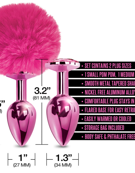 NIXIE Metal Butt Plug Set, Pom Pom and Jewel Inlaid, Pink Metallic - THES