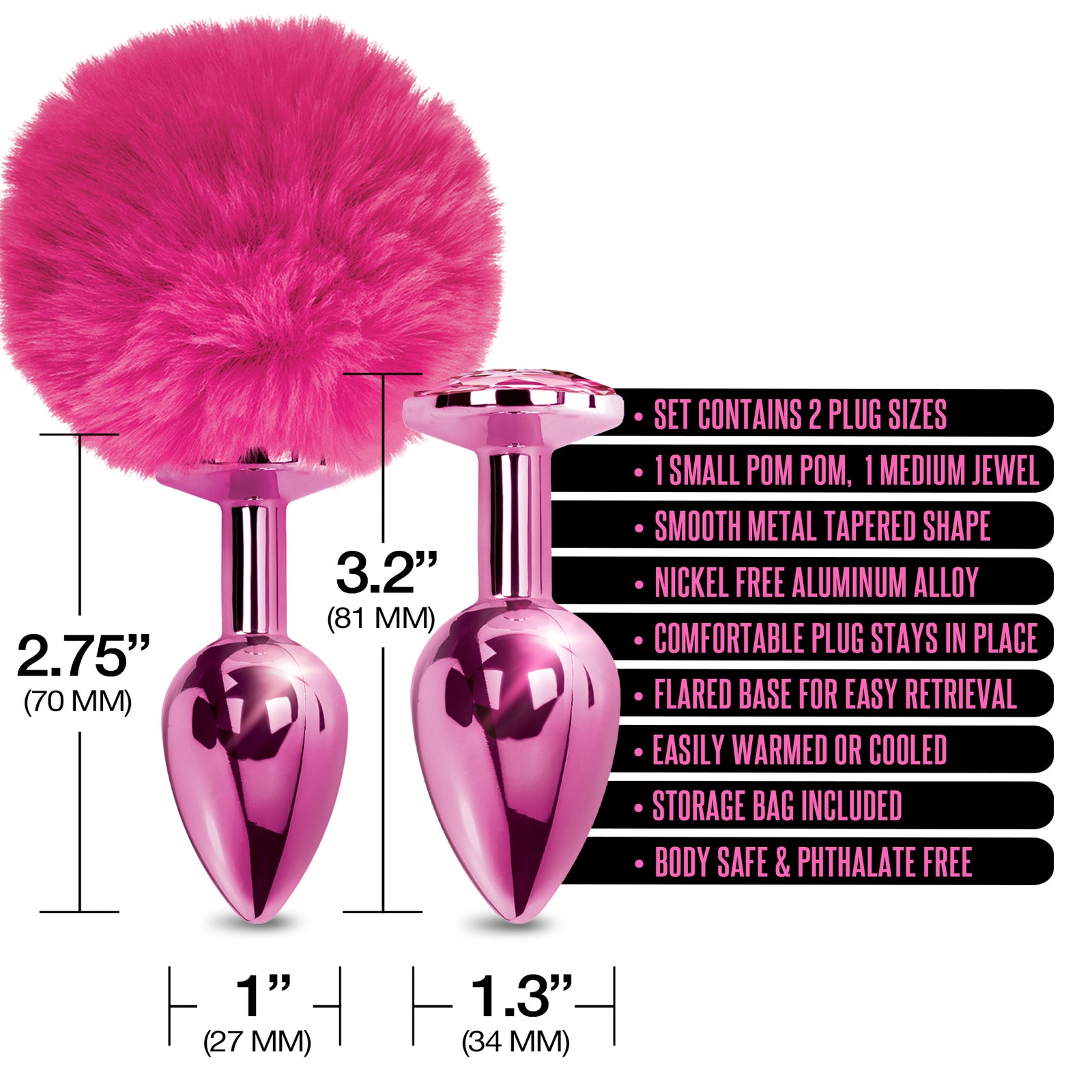 NIXIE Metal Butt Plug Set, Pom Pom and Jewel Inlaid, Pink Metallic THES NIXIE Metal Butt Plug Set, Pom Pom and Jewel Inlaid, Pink Metallic THES