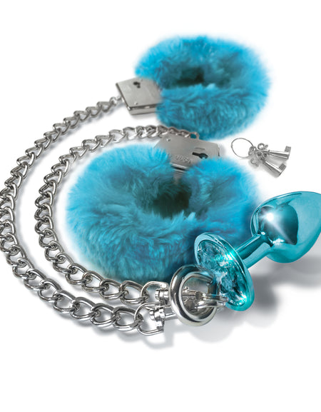 NIXIE Metal Butt Plug and Furry Handcuff Set, Blue - THES