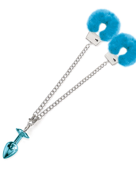 NIXIE Metal Butt Plug and Furry Handcuff Set, Blue - THES