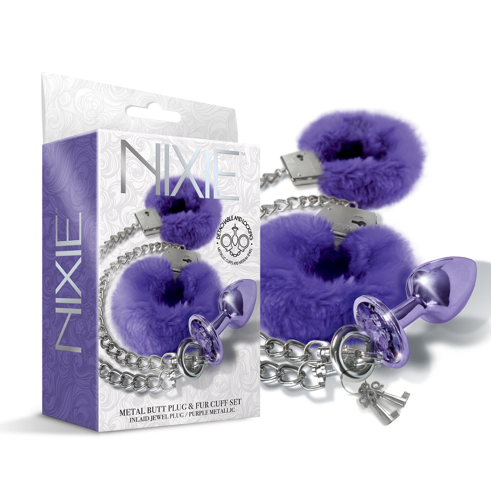 NIXIE Metal Butt Plug and Furry Handcuff Set, Purple - THES