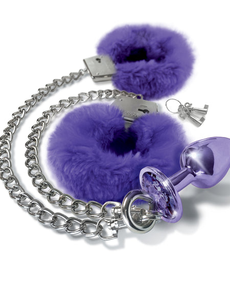 NIXIE Metal Butt Plug and Furry Handcuff Set, Purple - THES