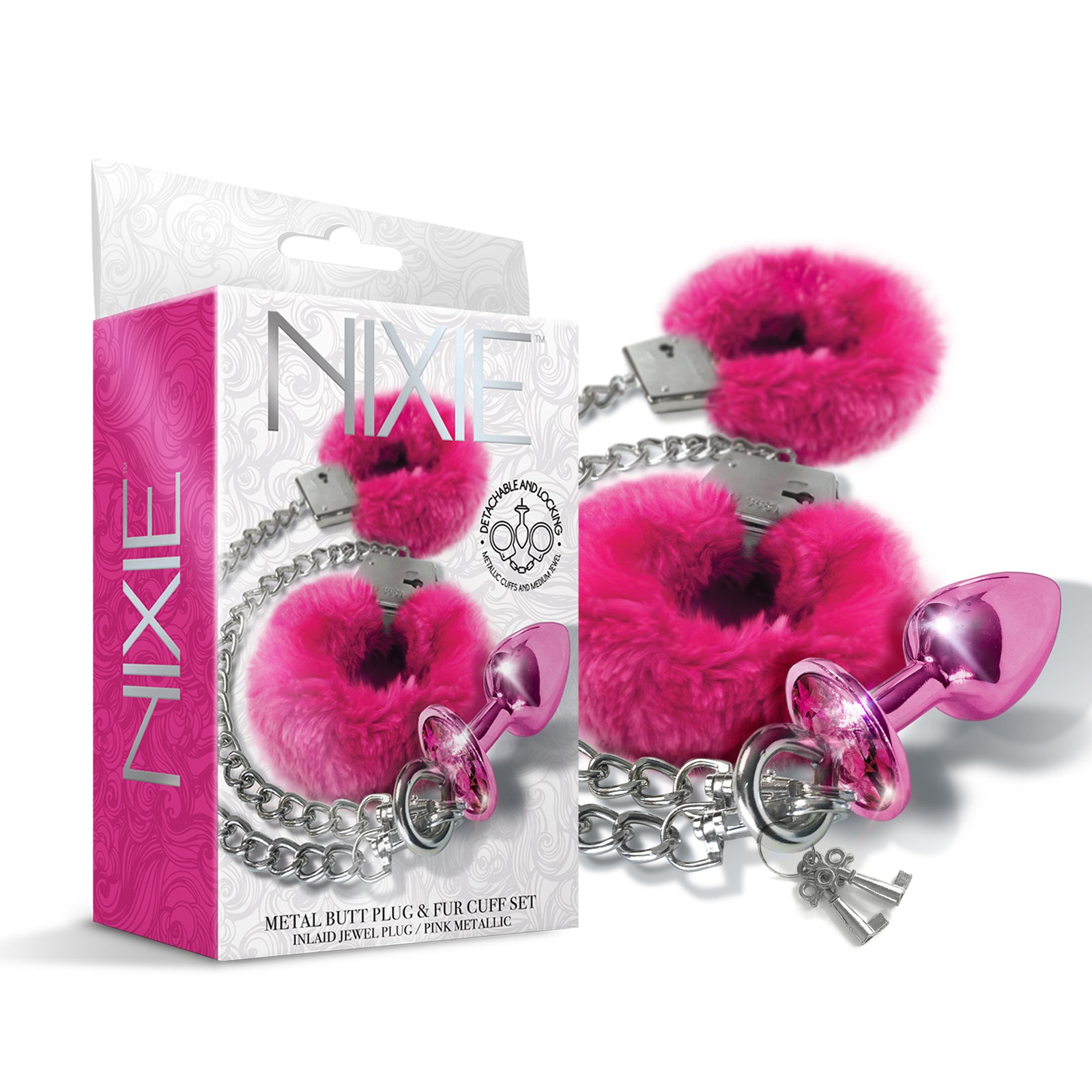 NIXIE Metal Butt Plug and Furry Handcuff Set, Pink THES NIXIE Metal Butt Plug and Furry Handcuff Set, Pink THES