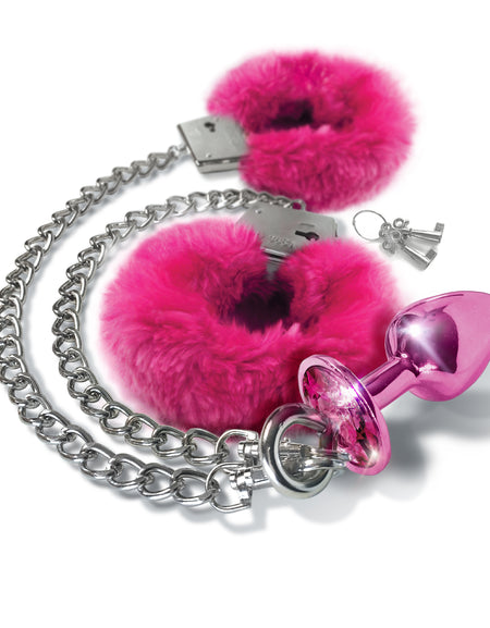 NIXIE Metal Butt Plug and Furry Handcuff Set, Pink - THES