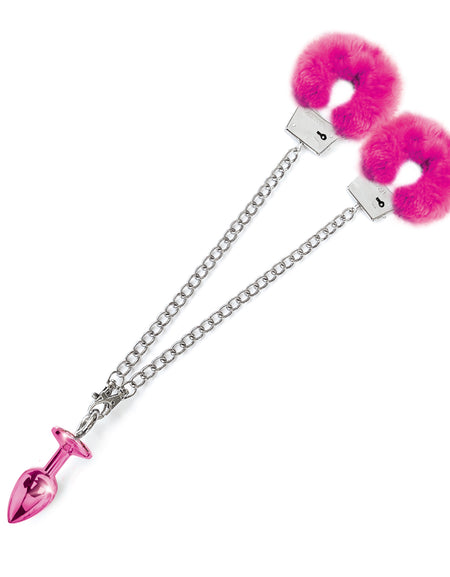 NIXIE Metal Butt Plug and Furry Handcuff Set, Pink - THES