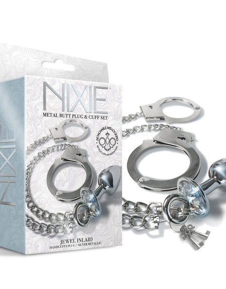 NIXIE Metal Butt Plug and Handcuff Set, Silver - THES