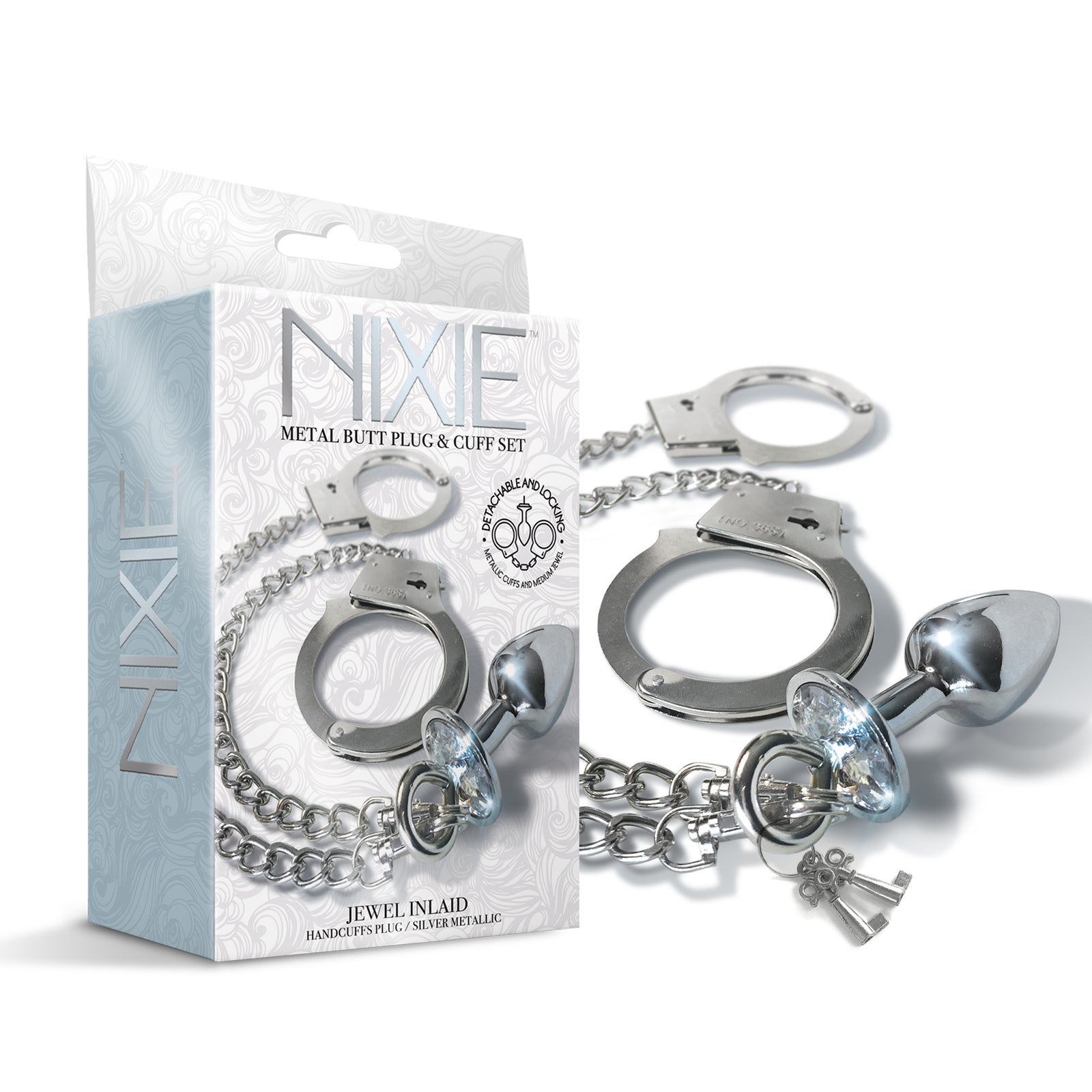 NIXIE Metal Butt Plug and Handcuff Set, Silver THES NIXIE Metal Butt Plug and Handcuff Set, Silver THES