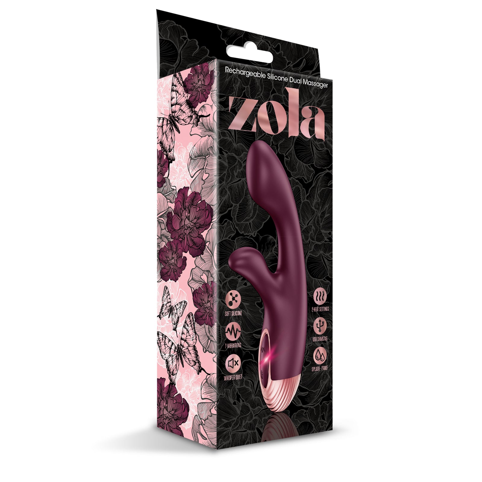 Zola Rechargeable Silicone Warming Dual Massager, Burgundy - THES