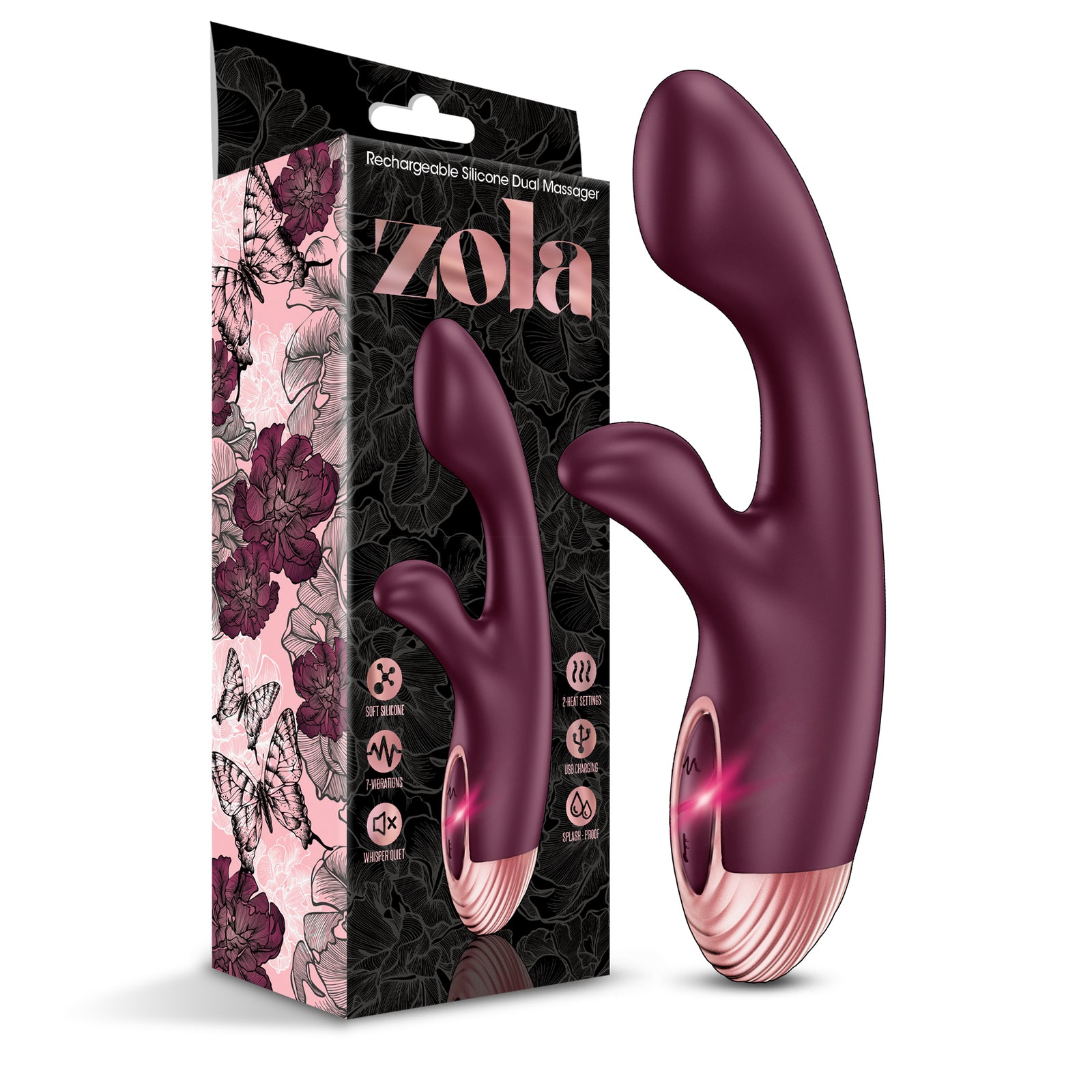 Zola Rechargeable Silicone Warming Dual Massager, Burgundy - THES