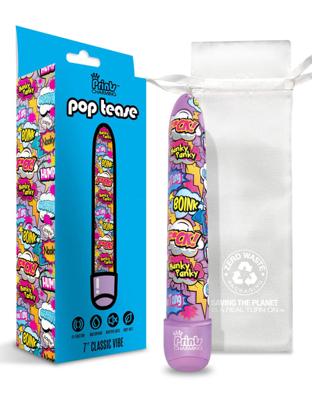 Prints Charming Pop Tease 7" Classic Vibrator, F*ck, Purple w/storage bag - The Happy Ending Shop