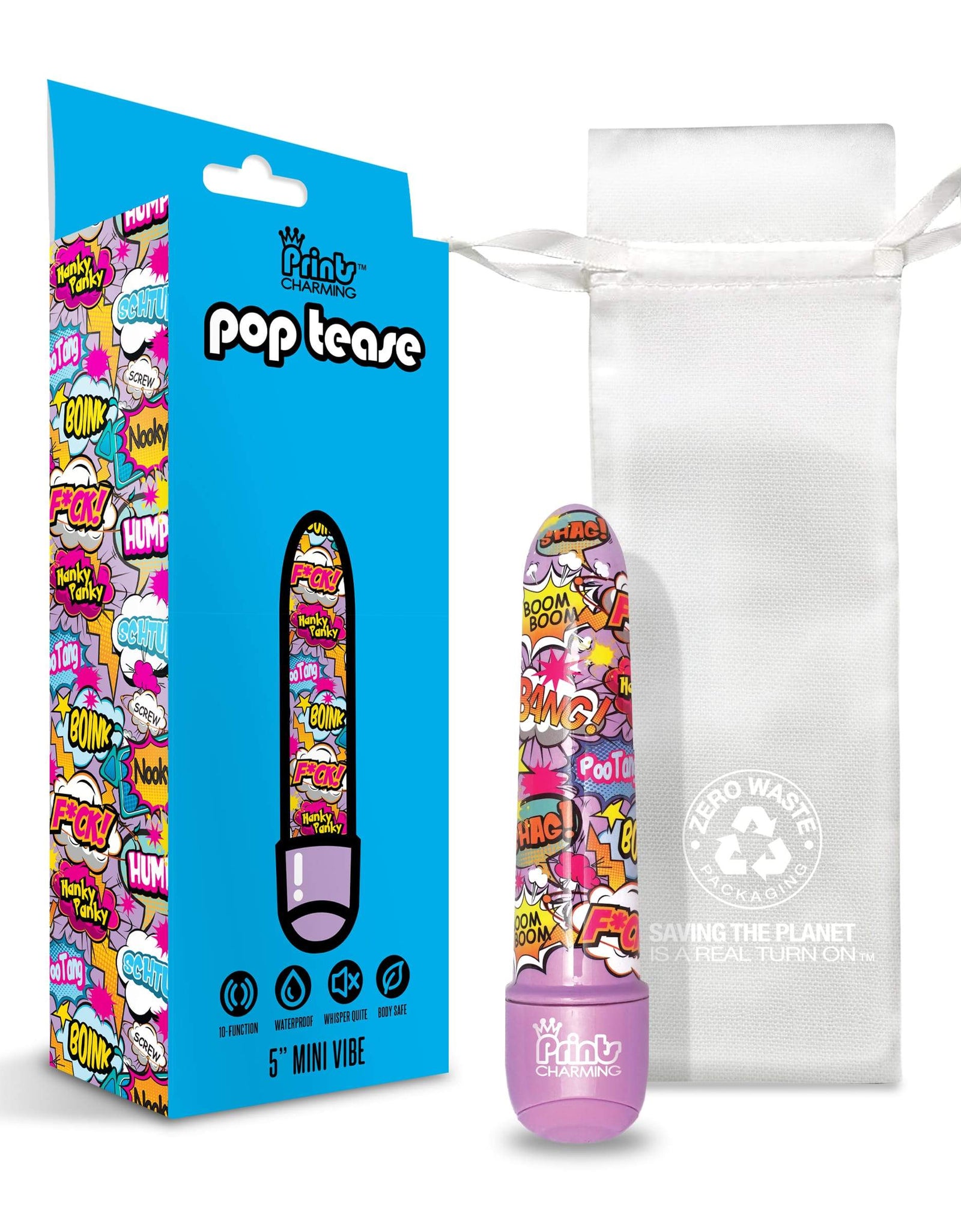 Prints Charming Pop Tease 5" Mini Vibrator, F*ck, Purple w/storage bag - The Happy Ending Shop